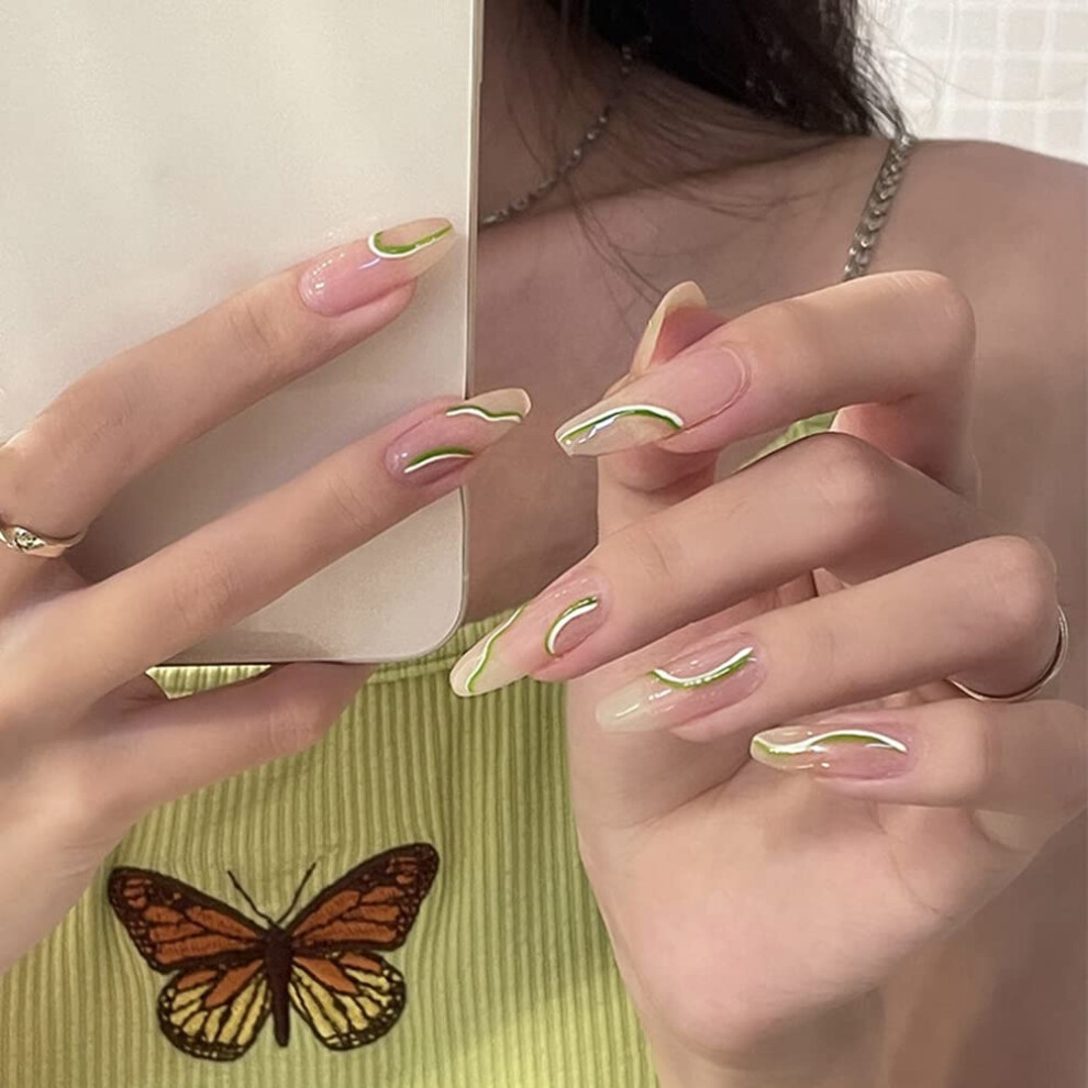 Pink Ombre Coffin Press On Nails Gradient Fake Nails With Heart Design 24Pcs Reusable Set