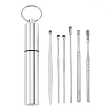 Earwax Removal Kit 7in1 Stainless Steel Ear Cleaner with Spiral Design and Aluminum Storage Tube Silver
