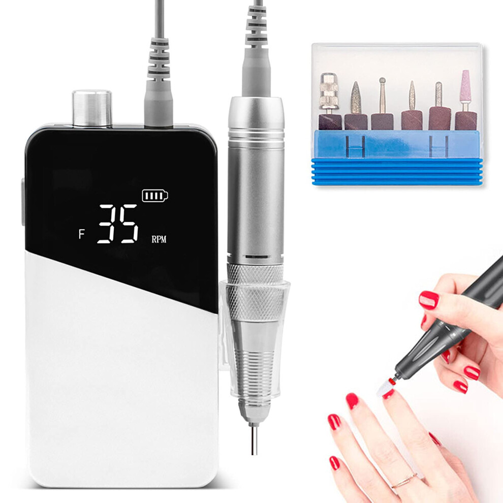 White Cordless Electric Nail Drill 35000 Rpm With Lcd Display, Rechargeable Brushless Motor For Manicure Pedicure,