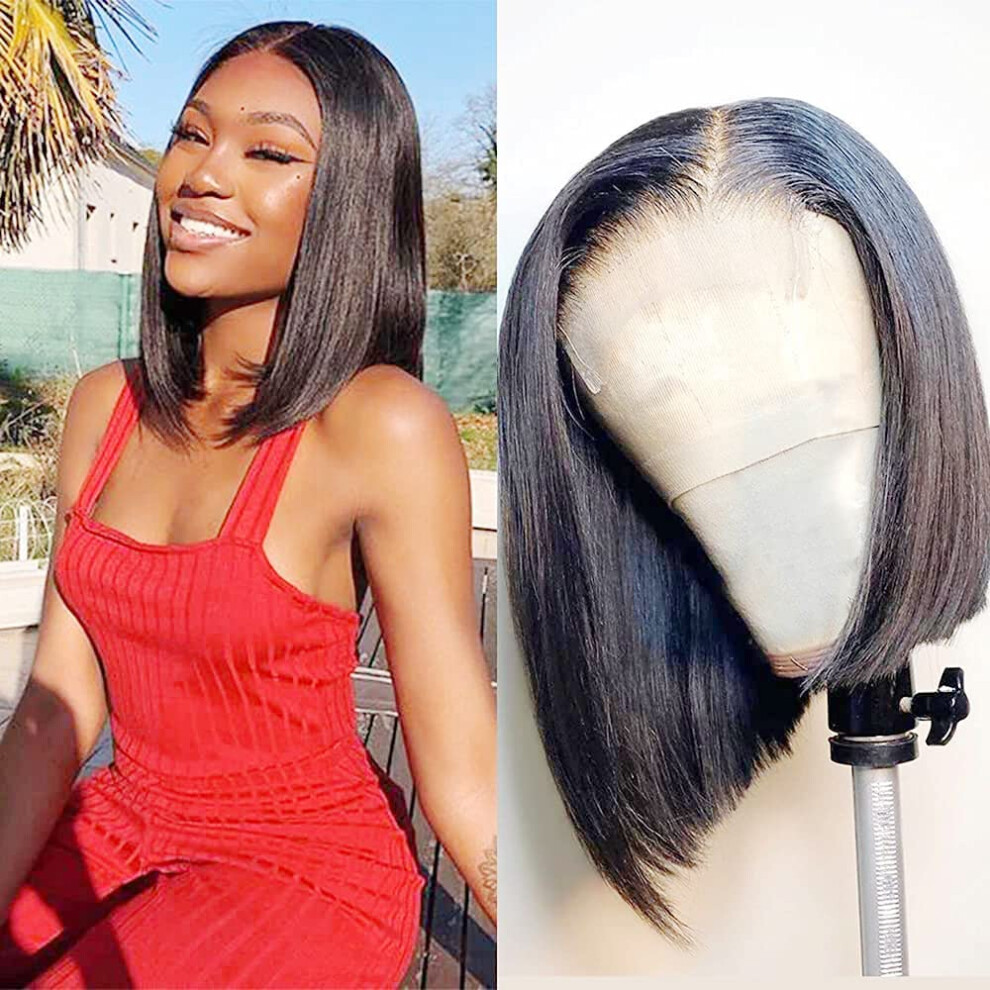Unisex 8 Inch 13X4 Lace Frontal Brazilian Virgin Human Hair Bob Wig Pre Plucked With Baby Hair 150 Density