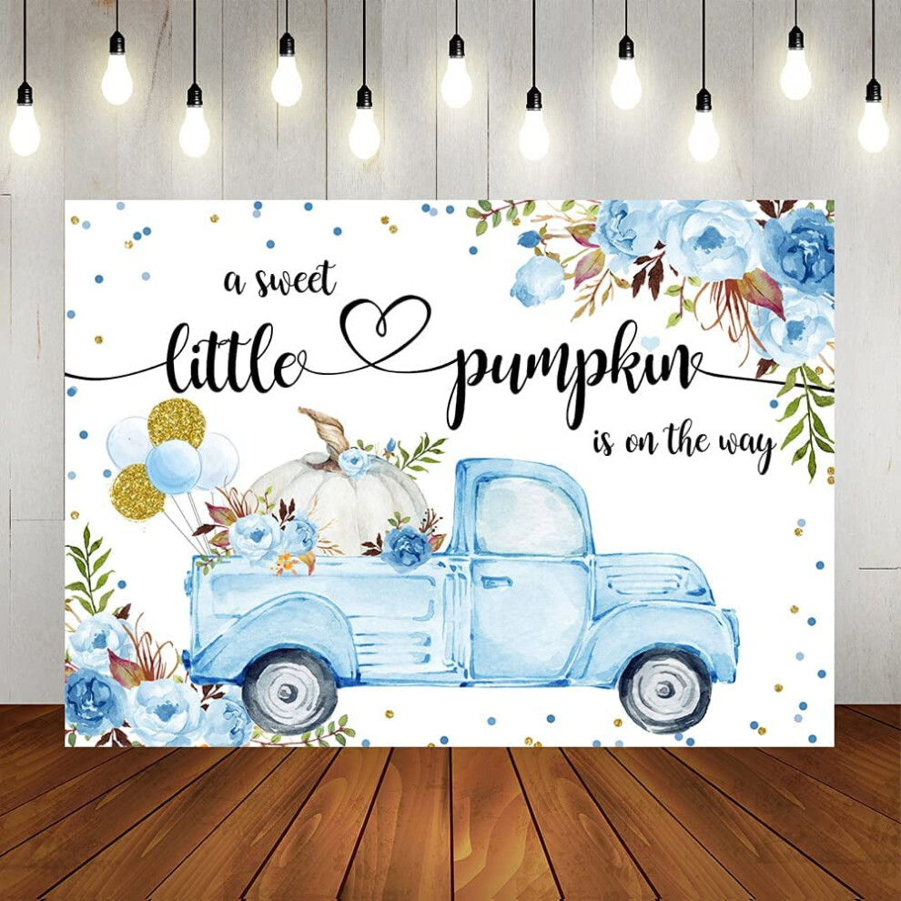Sweet Little Pumpkin Is On The Way! Floral Truck Backdrop For Autumn Baby Shower, Halloween & It's A Boy Party Decor Blue 9083649935064
