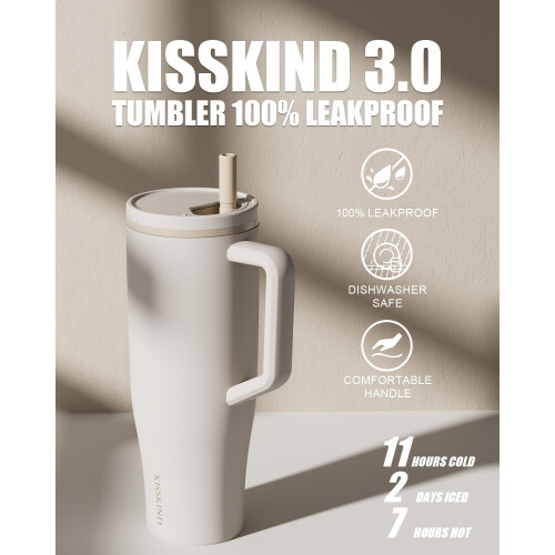 KISSKINDΠοτήρι 40oz με λαβή και καπάκι από καλαμάκι, Κύπελλο από ανοξείδωτο ατσάλι με 1