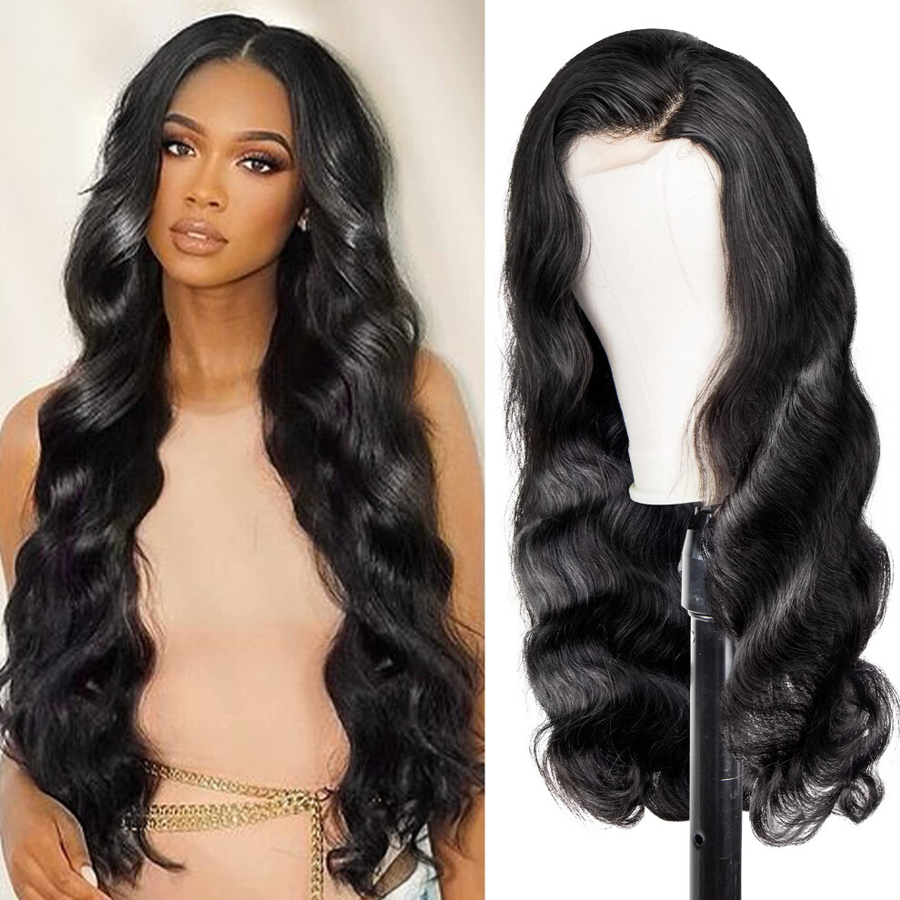 Unisex 28 Inch Body Wave Lace Front Wig Brazilian Remy Human Hair Pre Plucked 4X4 Lace Closure