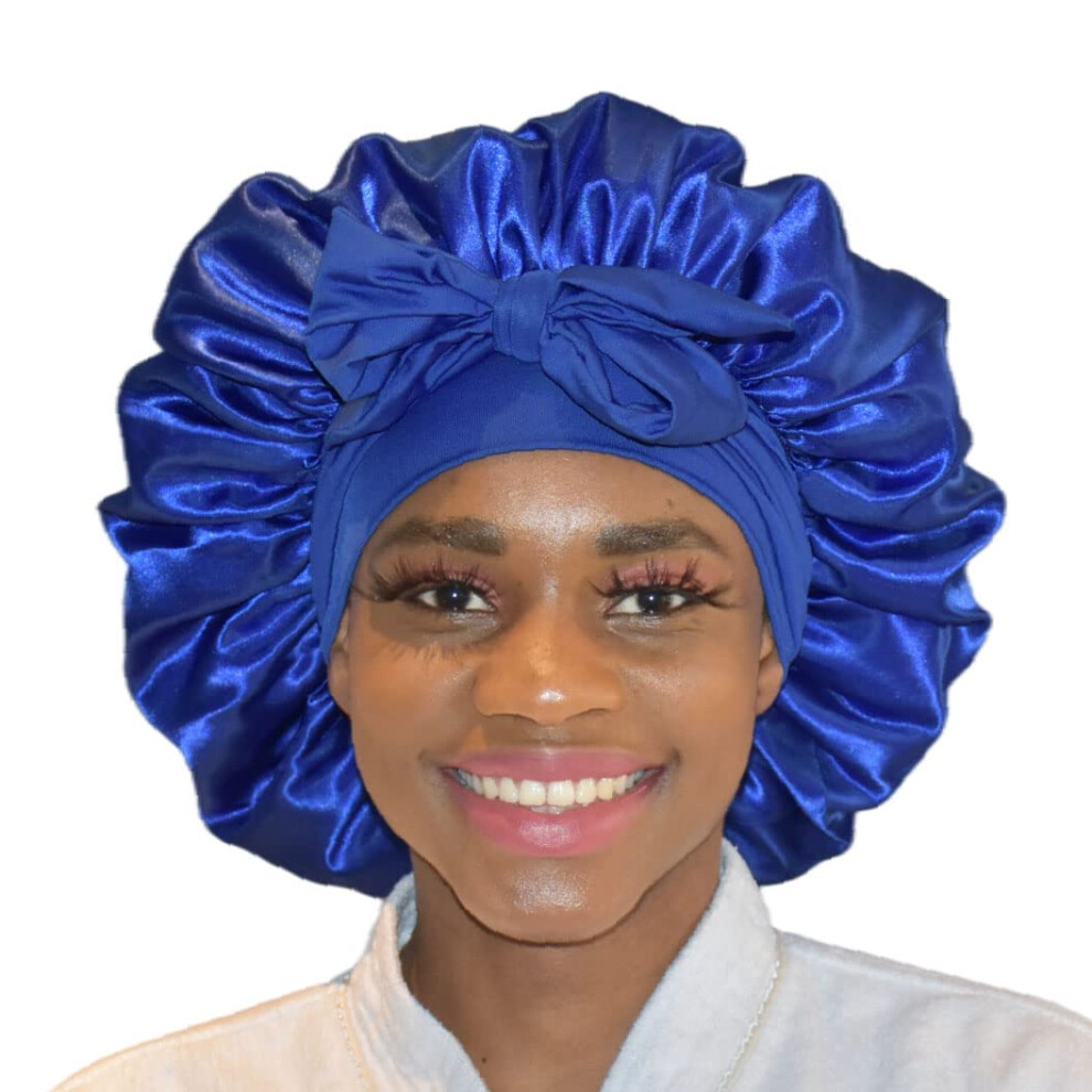Satin Sleep Cap with Secure Tie Band for Curly Hair, Navy Blue Silk Hair Bonnet for Women
