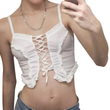 Top de tirantes con encaje para mujer, manga corta, escote bajo sexy, estilo Fairycore Y2K, top corto sin espalda con espalda abierta y cierre de