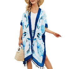 Kvinders sommer cover-up kimono let blomsterprint åben front design blødt stof strand resort tøj flagrende alsidig styling afslappet top