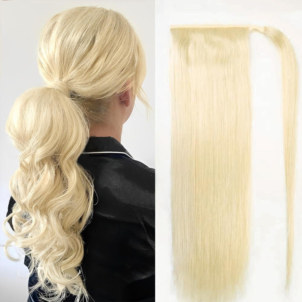 Unisex Remy Human Hair Ponytail Extension Wrap Around Clip In Bleach Blonde #613 22 Inch Natural Volume