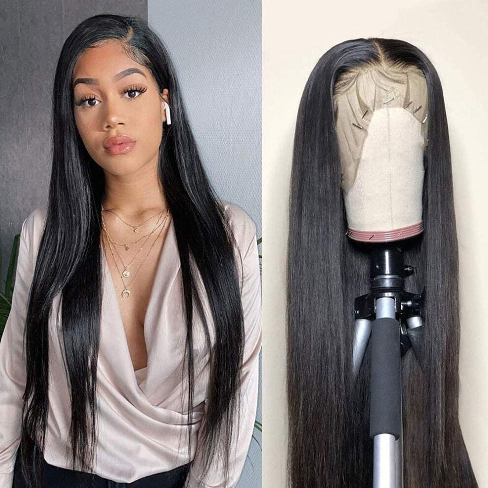 T Part Lace Front Wig Human Hair Straight 13x4x1 Natural Black Pre Plucked Glueless Full Volume