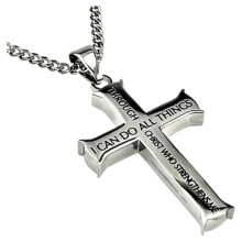 Filipenses 4:13 - Colar com Cruz de Cristo em Aço Inoxidável Prateado Maciço - Corrente de 50 cm (20 polegadas)