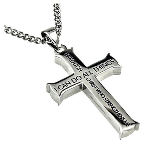 Filipenses 4:13 - Colar com Cruz de Cristo em Aço Inoxidável Prateado Maciço - Corrente de 50 cm (20 polegadas)