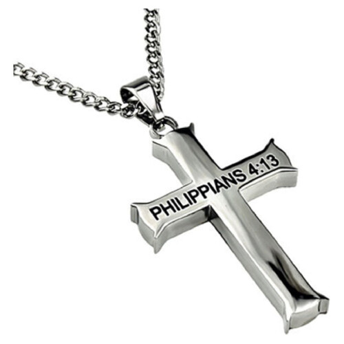 Filipenses 4:13 - Colar com Cruz de Cristo em Aço Inoxidável Prateado Maciço - Corrente de 50 cm (20 polegadas) 1