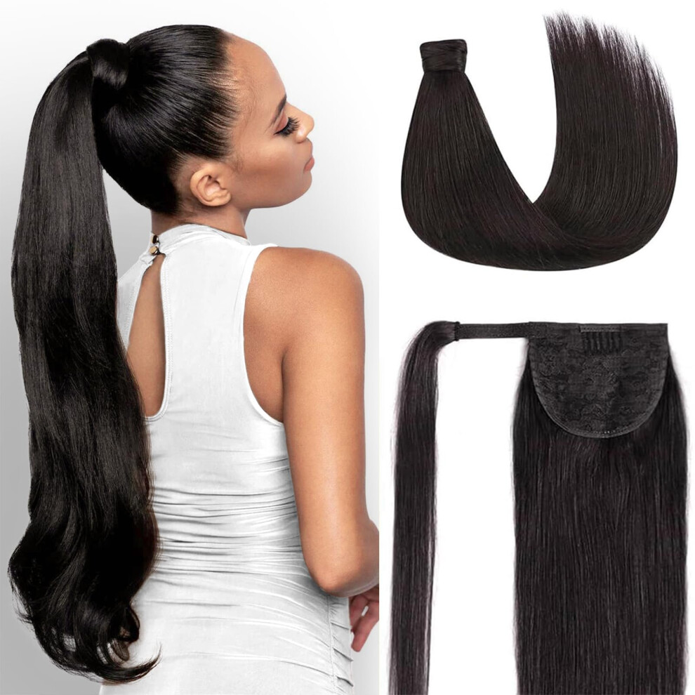 Unisex Black Human Hair Ponytail Extension Natural Remy Clip In Silky Straight 18 Inch Instant Length & Volume