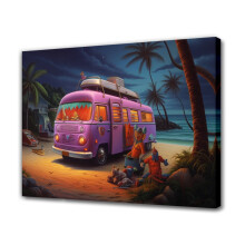 Poster pânză cu două figuri de Purple Bus la Sandy Beach, 40x60 cm, stil ramă, compatibil cu decorul dormitorului și biroului