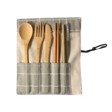 Begine Canvas Bag Cutlery6-osainen setti, kannettava bambuhaarukka-lusikkamatkasetti, ympäristöystävällinen ja uudelleenkäytettävä, 1X