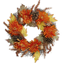 Corona de ramas artificiales con flores de crisantemos y bellotas, 56 cm, sin luz.