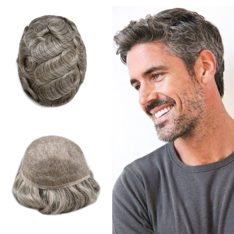 Unisex Brown,Grey Men's French Lace Toupee With Poly Skin, Natural Hairline Human Hairpiece Dark Brown Grey