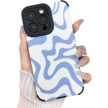 Weiche PU-Leder-TPU-Hülle für iPhone 12 Pro, niedliches Wellenmuster, schlanke, stoßfeste Schutzhülle für Damen (Blau, kompatibel mit iPhone 12
