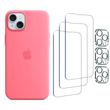 Capa de silicone para iPhone 15 Plus com MagSafe de 17 cm (rosa), 3 películas protetoras e 3 películas protetoras para a lente.
