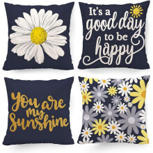 Geelgrijze kussenhoezen 20x20 cm, set van 4, zonnebloemmotief, zacht polyester, geschikt voor buiten- en bankkussens