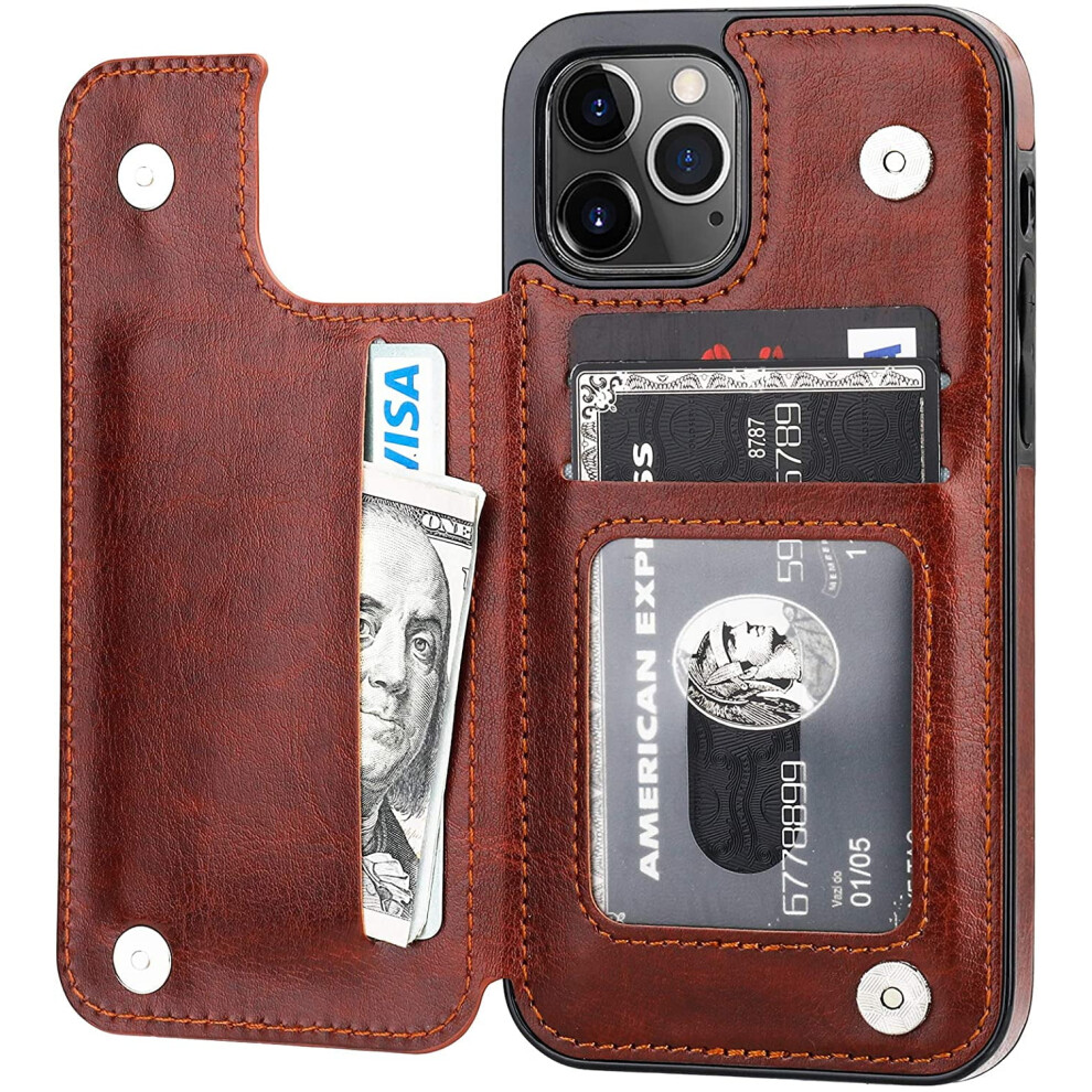 Compatible With Iphone 12/12 Pro Wallet Case, Pu Leather Card Holder, Kickstand Slots, Double Magnetic Clasp, Shockproof Cover - 6.1" Brown 9004841175508