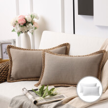Phantoscope Farmhouse Burlap Linen Tailored Edge Series Decorative Throw Pillow, 12" X 20", Beige, 2 Pack