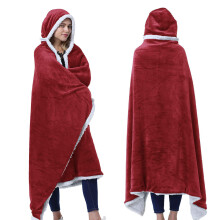 Thickened Fleece Wearable Throw Blanket Hooded Cloak Winter Warm Hooded Cloak Blanket Travel-Wine Red