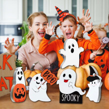 5er-Set Halloween-Tischschilder aus Holz von Yakbaofuo, passend für Etageren, niedliche Figuren für Zuhause, Partys und Schreibtisch, Weiß