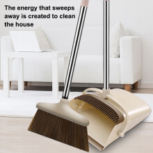 SUSUchens 2Pcs/Set Long Handle Broom Dustpan Set Self-Cleaning Indoor Broom Floor Cleaning Soft Bristle Broom Dustpan Set Khaki