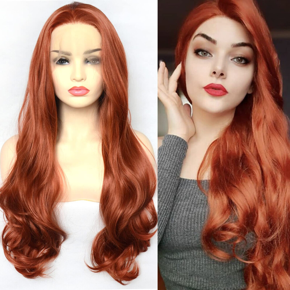 Copper Red 22 Inch Lace Front Wig Synthetic Wavy Hair Auburn Half Hand Tied Natural Hairline