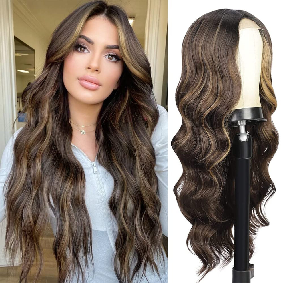 Brown Wavy Highlight Lace Front Wig for Women Long Synthetic Heat Resistant Natural Hairline