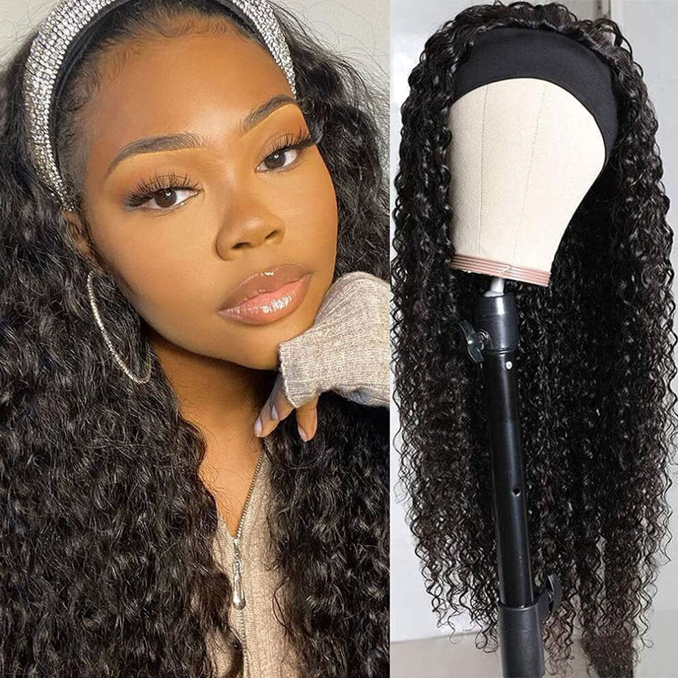 Unisex Black Headband Wig Human Hair Curly Glueless Afro Style For Women With Natural Full Volume