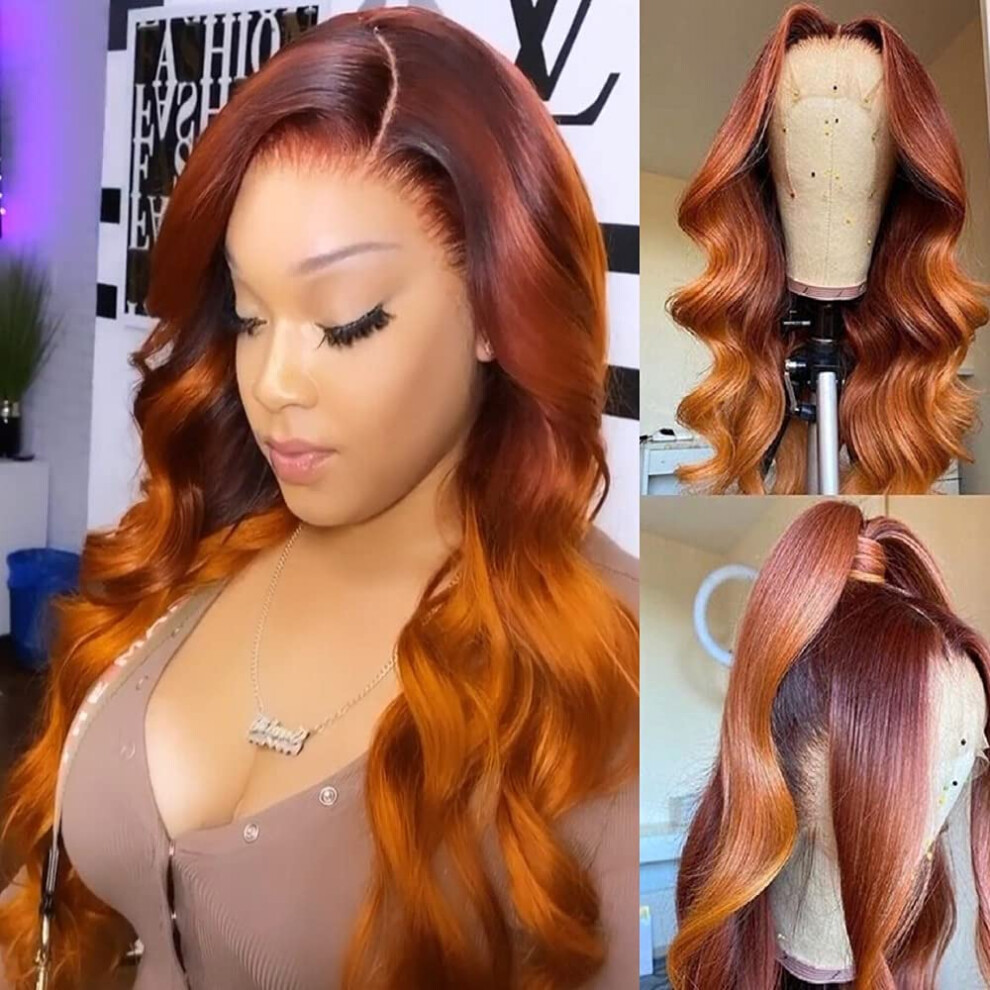 Unisex Orange Ombre Ginger Lace Front Wig Human Hair Body Wave Glueless With Baby Hair Natural Hairline For Women