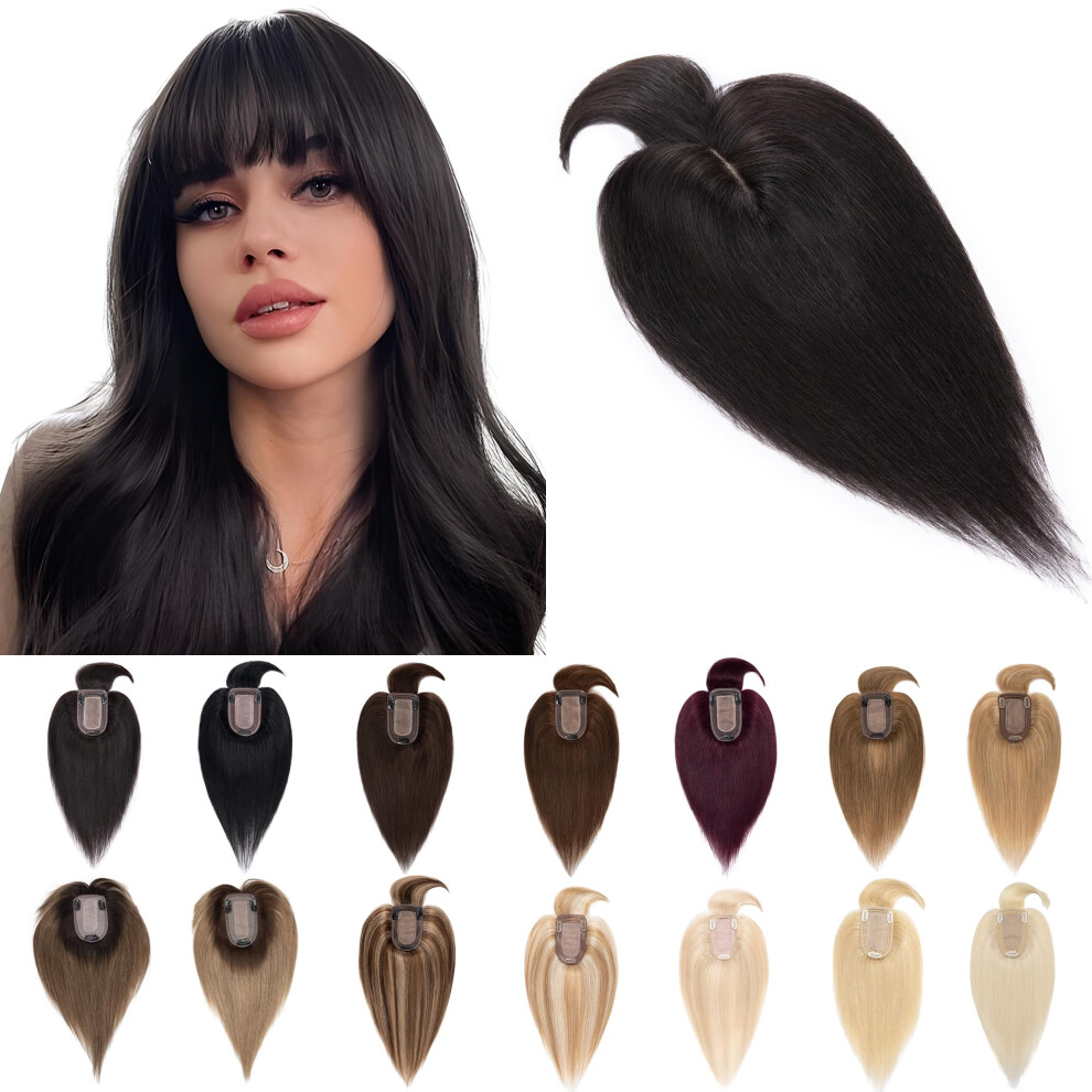 Unisex Black Human Hair Topper With Bangs Silk Base Clip In Hairpiece Natural Remy Hair 6 Inch