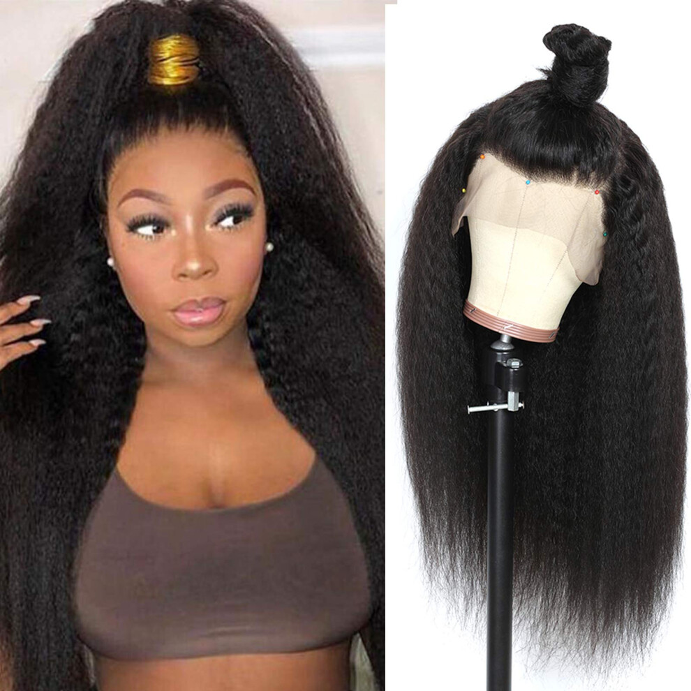 Unisex 13X6 Kinky Straight Lace Front Wig Human Hair Glueless 24 Inch Transparent Lace Yaki Texture