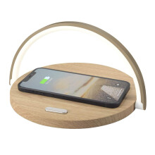 Lampă de birou sofisticată din lemn, cu încărcător wireless încorporat, luminozitate reglabilă și difuzor Bluetooth, care vă va