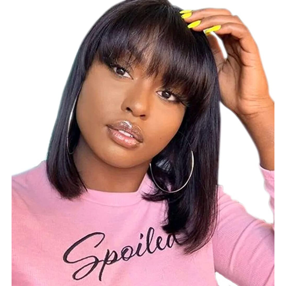 Human Hair Wigs for Black Women, 14 Inch Brazilian Bob Wig with Bangs, 150% Density Natural Color