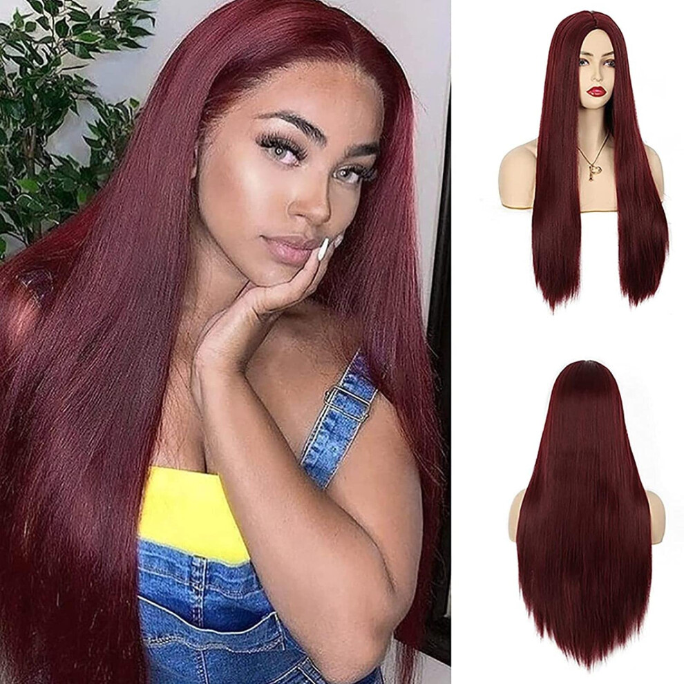 Red Synthetic Wig 27 Inch Long Straight Heat Resistant with Natural Hairline for Cosplay and Halloween
