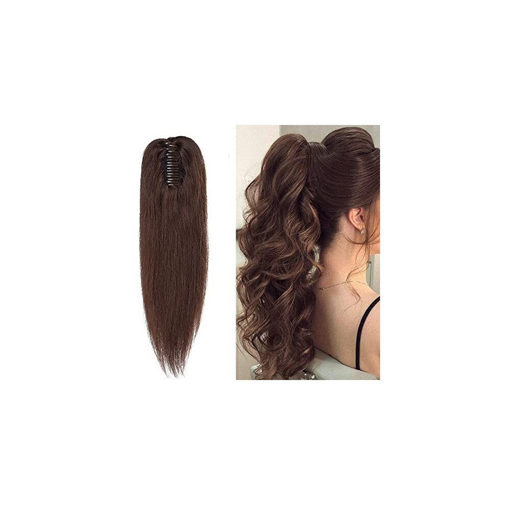 Unisex Brown 18 Inch Dark Remy Human Hair Ponytail Extension With Secure Claw Clip For Instant Length
