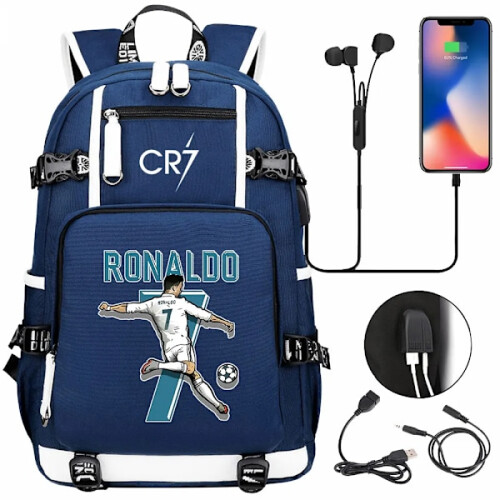 CR7 Σακίδιο πλάτης ποδοσφαίρου με φόρτιση USB, σχολική τσάντα Ronaldo, τσάντα ταξιδιού