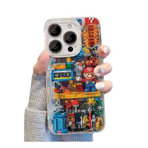Capa de celular estética 2024, compatível com iPhone, com design de blocos de montar do Mario para meninas e mulheres. Capa de TPU macia, moderna e