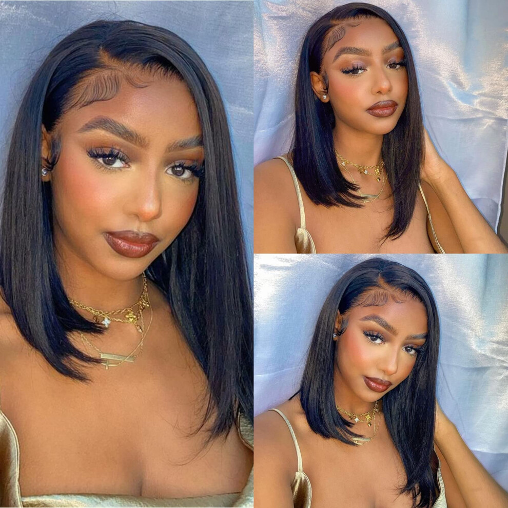 Unisex Glueless 4X4 Lace Closure Straight Bob Wig Human Hair Pre Plucked 150% Density Brazilian Virgin Hair 16 Inch Natural Color