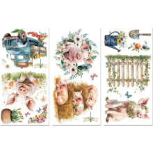 Vízálló UV transzfer matricák 6"x12" 3 db, malac és virág mintával bútorokhoz, kézműves termékekhez, üveghez, fához, műanyaghoz - Farm