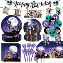 114-delige Halloween verjaardagsdecoratieset met nachtmerriethema, inclusief Happy Birthday-banner, borden, bekers, servetten, vorken, ballonnen en