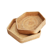 Set van 2 zeshoekige rotan dienbladen, bistroset voor in de tuin, rieten mand, ontbijtdienblad, kaarsenplateau, decoratie voor de hal of sleutelschaal