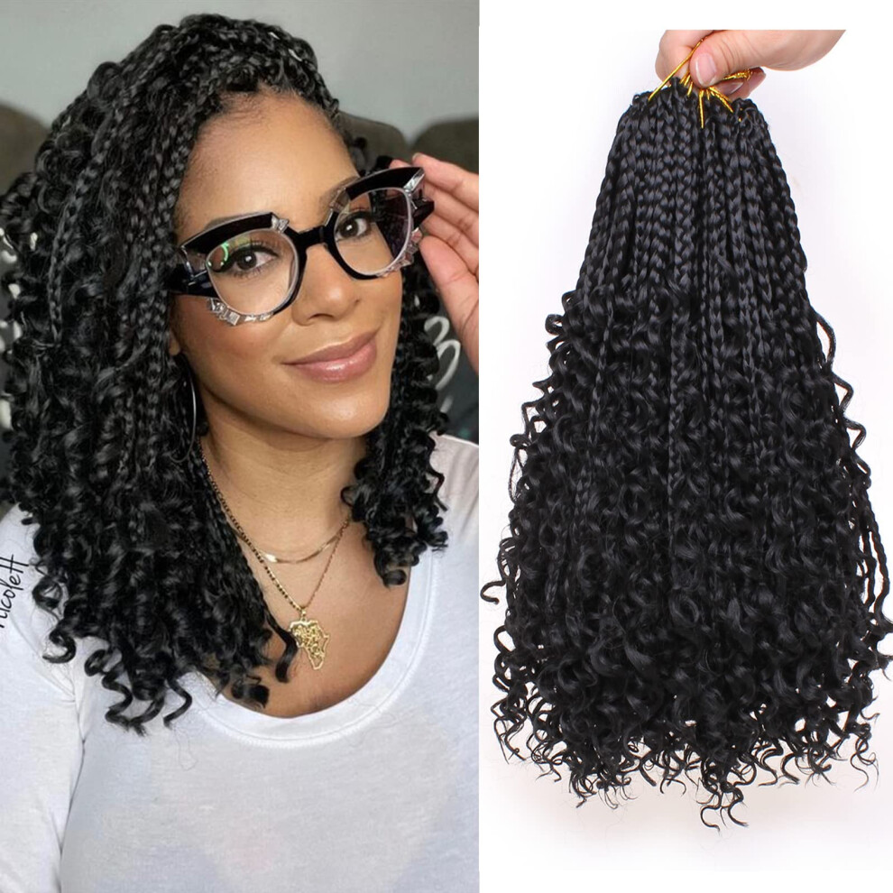 14 Inch Goddess Box Braids Crochet Hair 8 Packs PreLooped Bohemian Style with Curly Ends 1B#