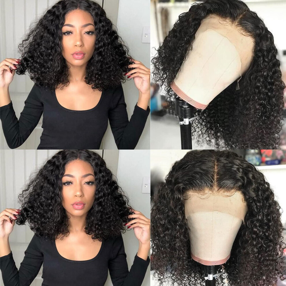Wet and Wavy 13x4 T Part Brazilian Curly Bob Wig Human Hair Lace Front Pre Plucked for Black Women 14 Inch