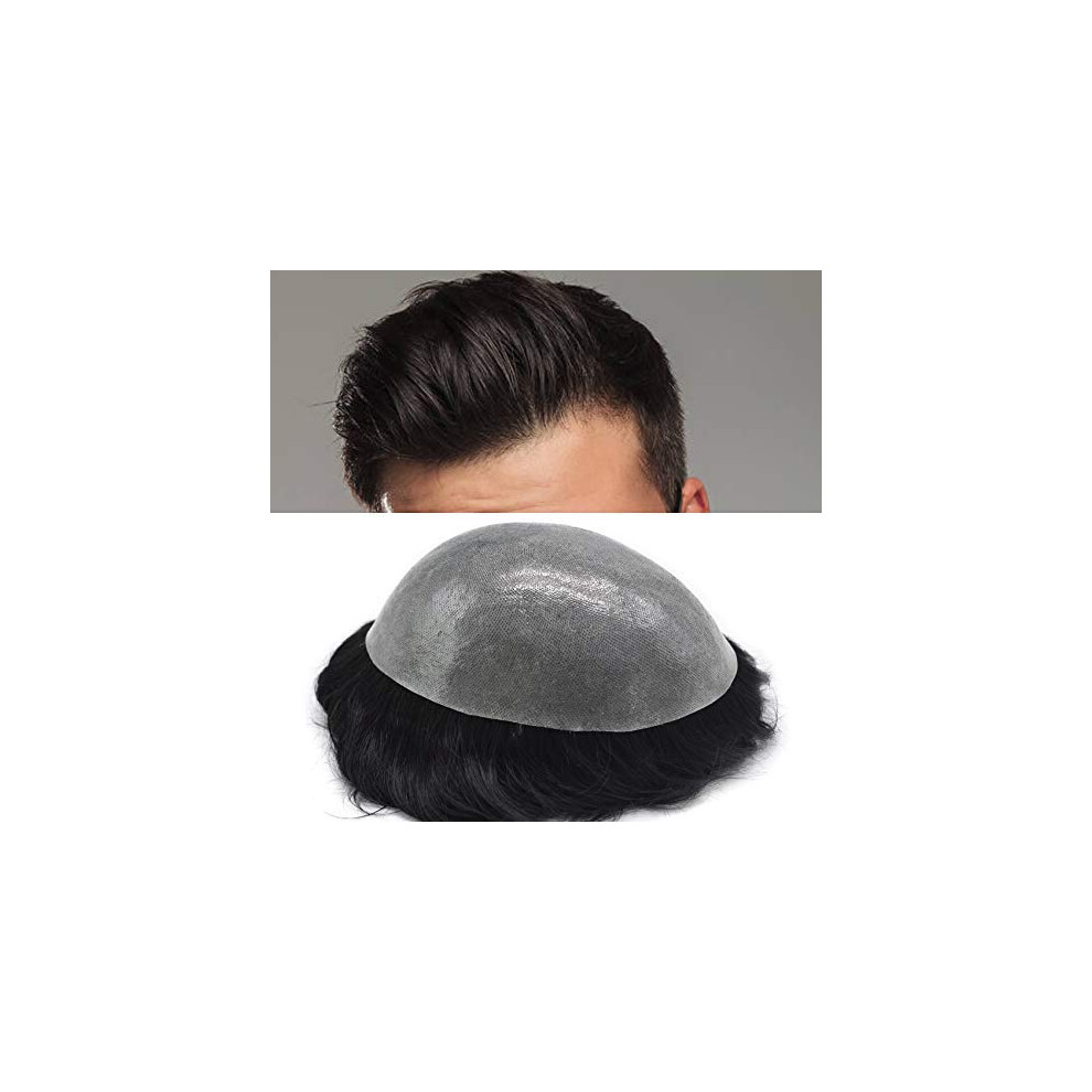 Men's Toupee Thin Skin Human Hair System Natural PU Hairpiece Wig for Men 7x9 Off Black Gray