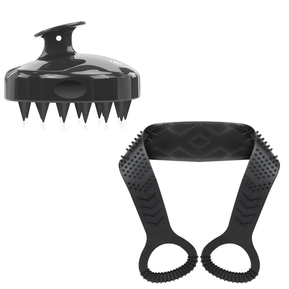 Silicone Back Scrubber and Scalp Massager Shampoo Brush Bundle, DualSided Exfoliation for Shower