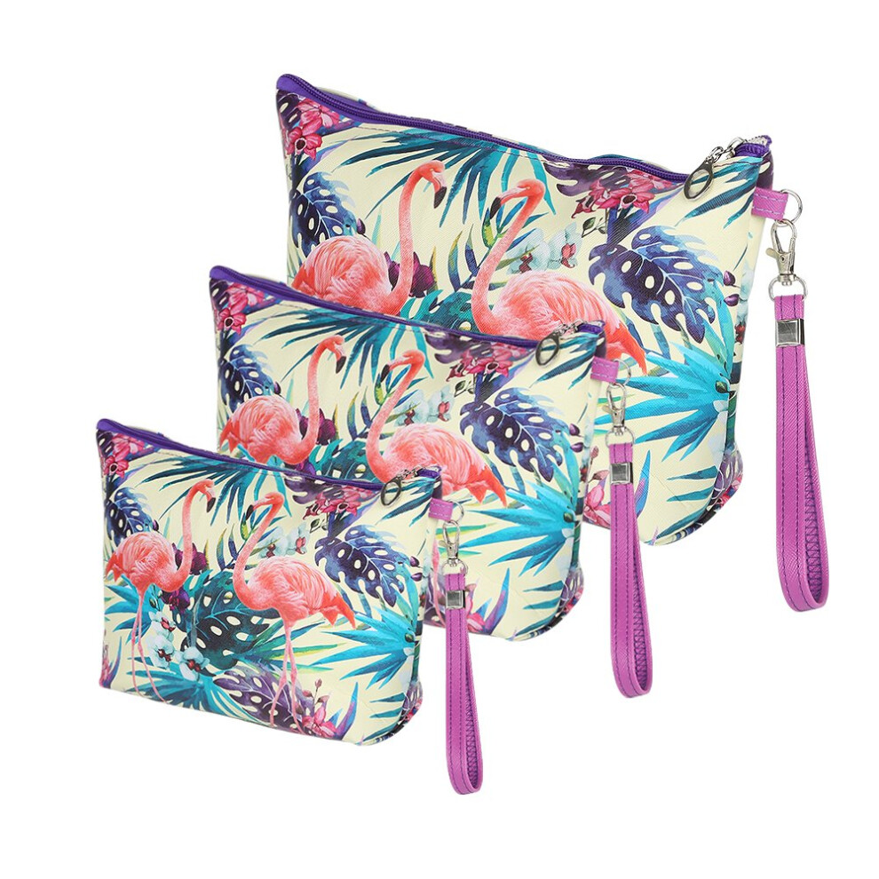 Set of 3 Travel Makeup Bags with Unicorn Flamingo Print, MultiSize Cosmetic Toiletry Pouch for Women