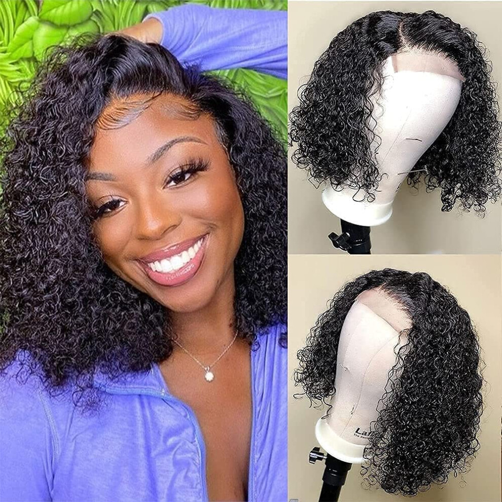 Unisex Black Short Bob Curly Human Hair Wigs For Women 13X4 Lace Front Brazilian Remy Glueless 8 Inch